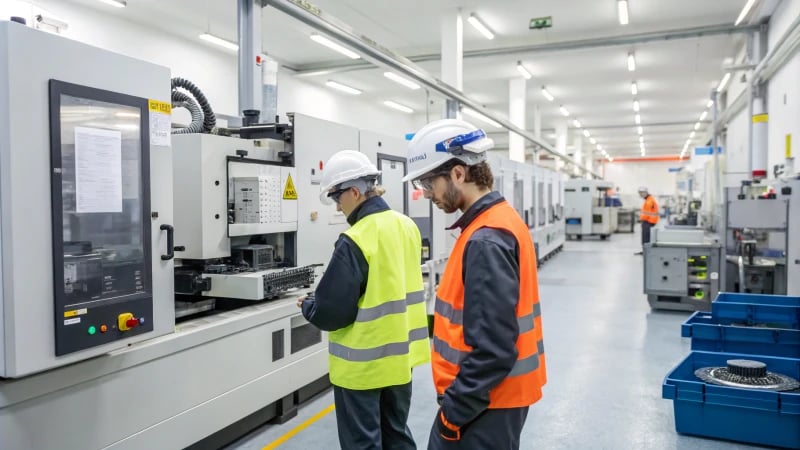 Workers in safety gear monitoring machinery in an injection molding facility.