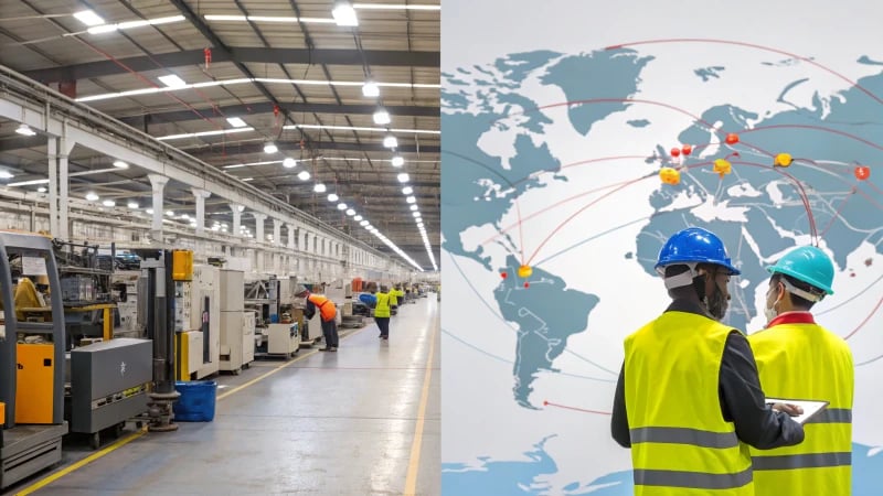 A split image of a factory and a global supply chain map