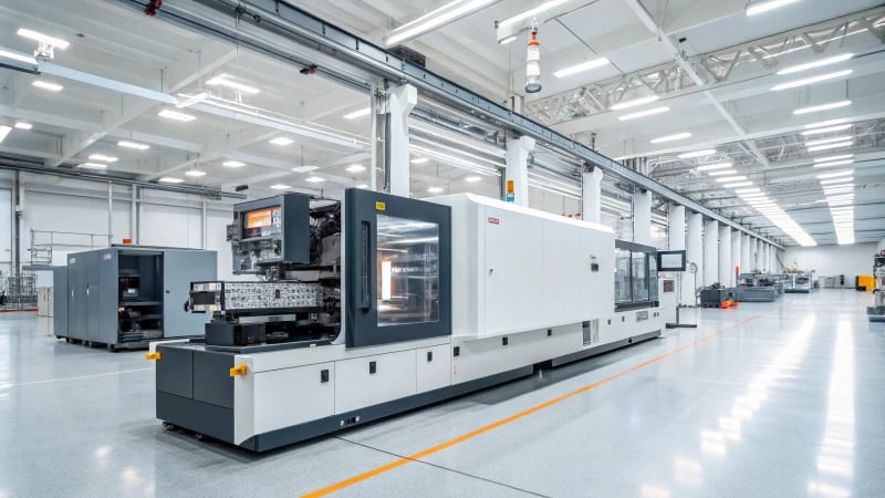 Modern injection molding machine in an industrial setting