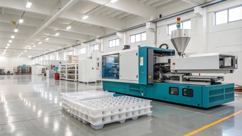 Modern injection molding machine with robotic arms