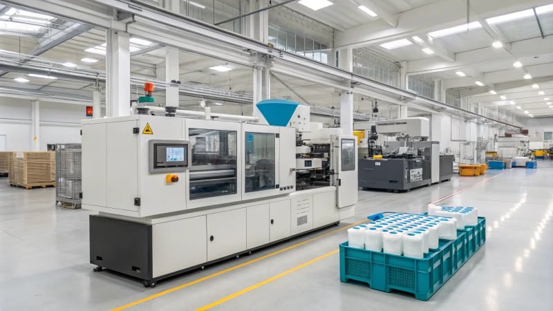 Intermittent injection molding machine in a manufacturing facility