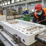 Injection molding machine in action with molded product