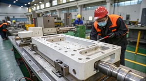 Injection molding machine in action with molded product