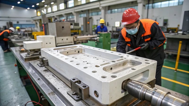 Injection molding machine in action with molded product