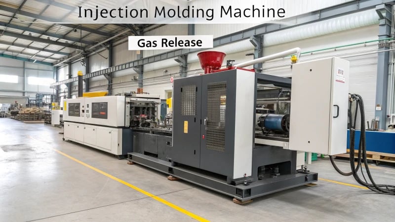 Detailed diagram of an injection molding machine focusing on venting techniques