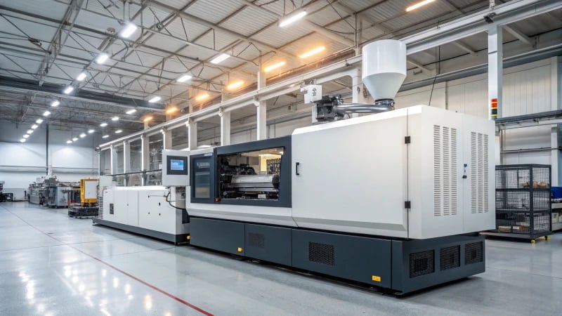 A high-resolution image of an advanced injection molding machine in a factory.