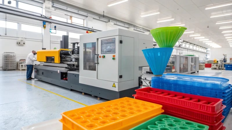 Modern injection molding machine in a factory