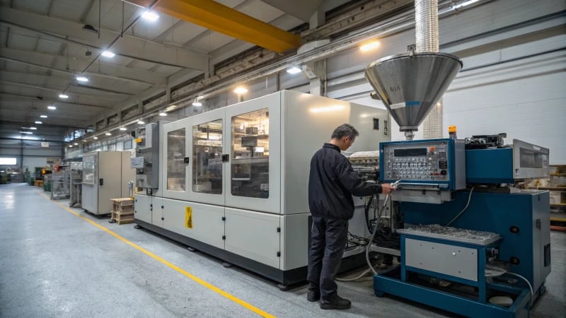 Industrial injection molding machine in a factory