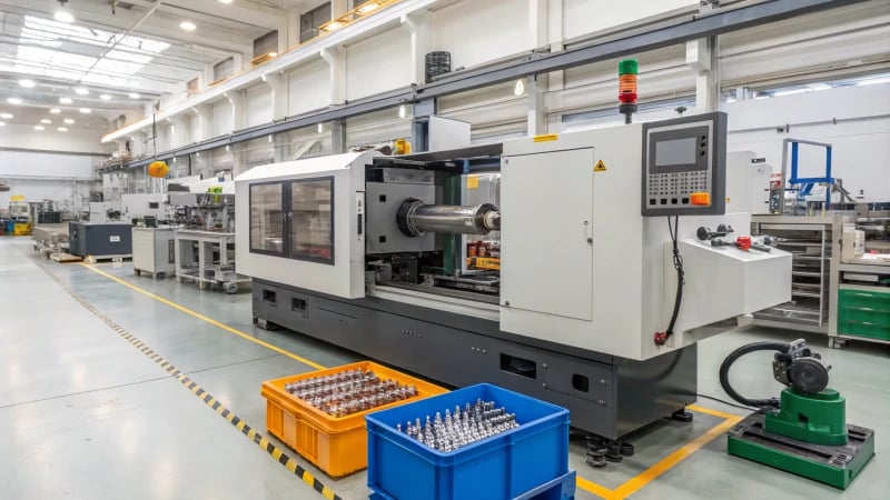 Photorealistic image of a modern injection molding machine in a factory.