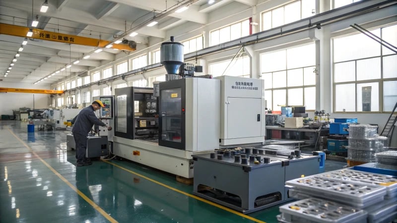 Modern injection molding machine in a factory