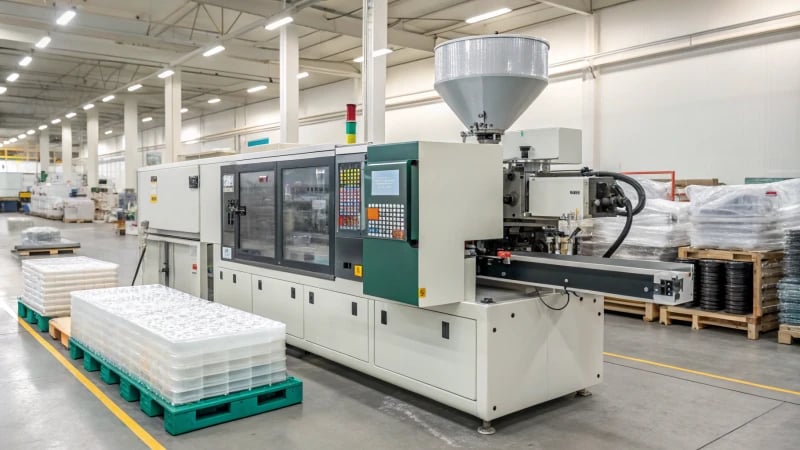 Injection molding machine in a factory