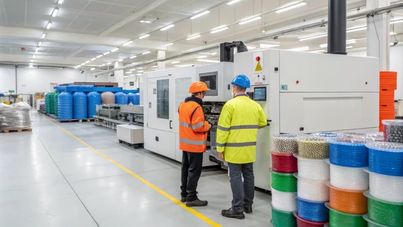 Modern injection molding machine in a factory