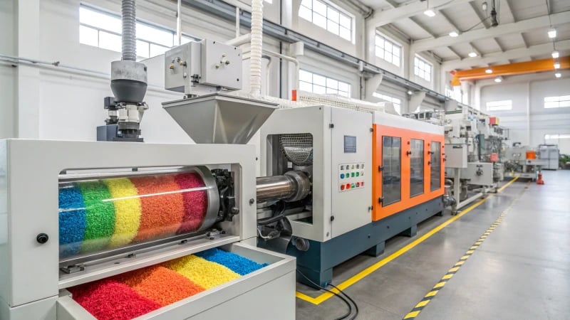 Industrial injection molding machine in operation