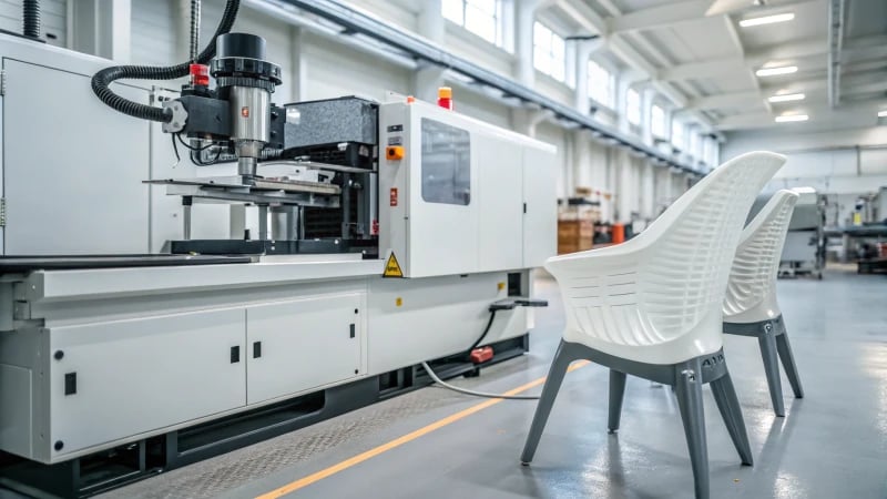 Injection Molding Machine in Action Injection molding machine in action producing a plastic chair