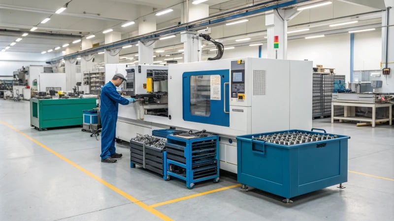 A modern injection molding machine in a clean industrial workshop.