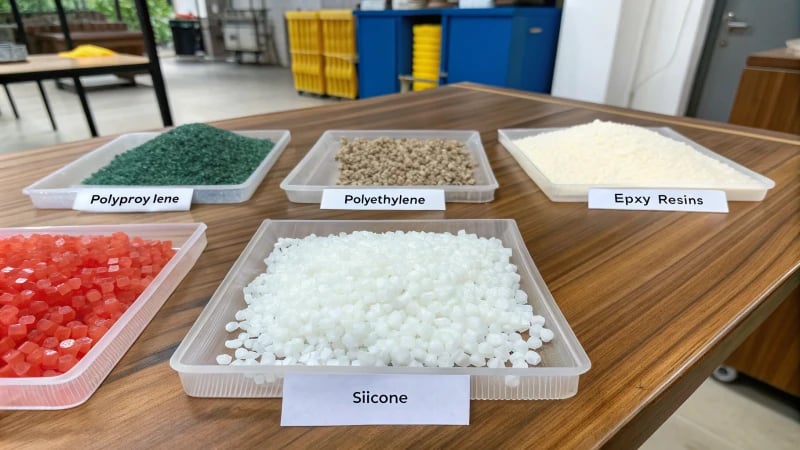 Various materials used in injection molding displayed on a wooden table