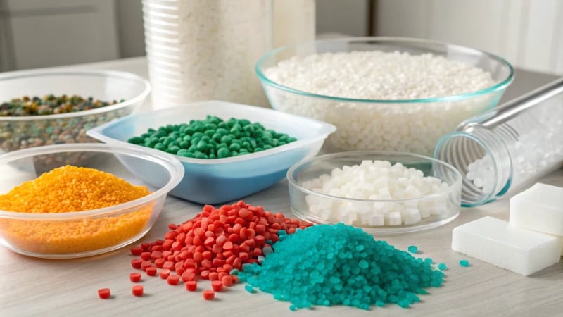 Organized collection of injection molding raw materials in a studio