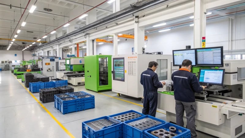 Technician operating an injection molding machine in a clean facility