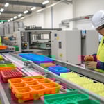 A modern injection molding workshop with workers monitoring the production line.