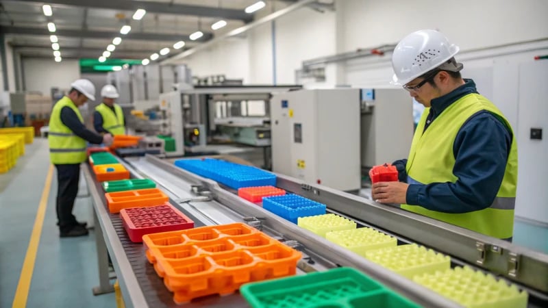 Injection Molding Workshop A modern injection molding workshop with workers monitoring the production line.