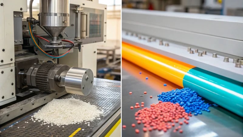 Illustration contrasting injection molding and extrusion molding processes