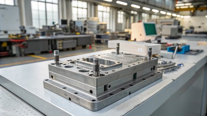 Intricate injection mold on workbench