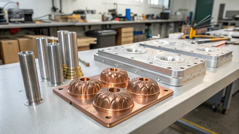 Intricate metal molds on a workbench