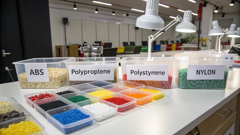 A laboratory table showcasing various injection molding materials in labeled containers.