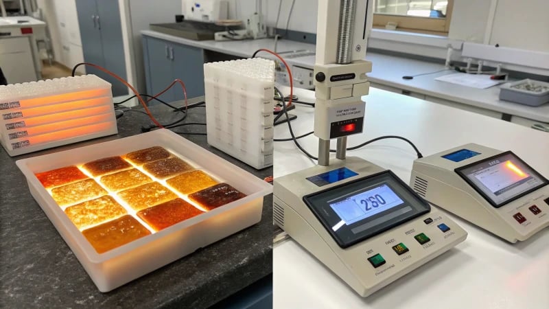 A laboratory setup showcasing resin samples at different temperatures.