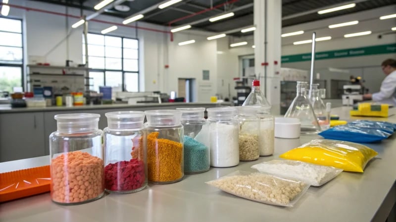 A cluttered laboratory workspace with various flame retardant additives in clear containers.