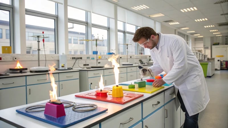 A laboratory technician performing flame tests on plastic samples.