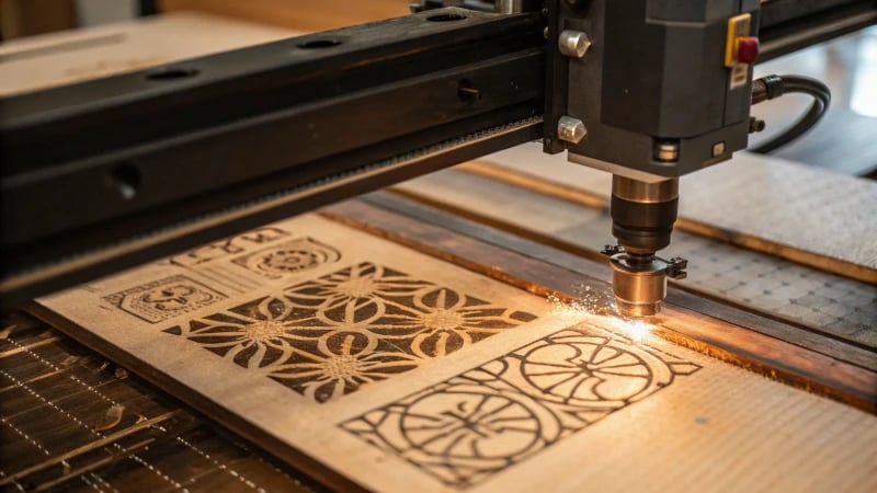 Close-up of a laser engraving machine working on wood