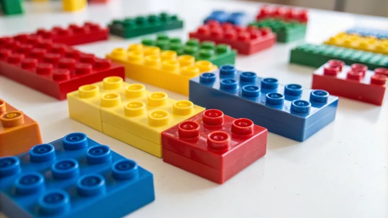 Close-up of colorful LEGO bricks on a white surface