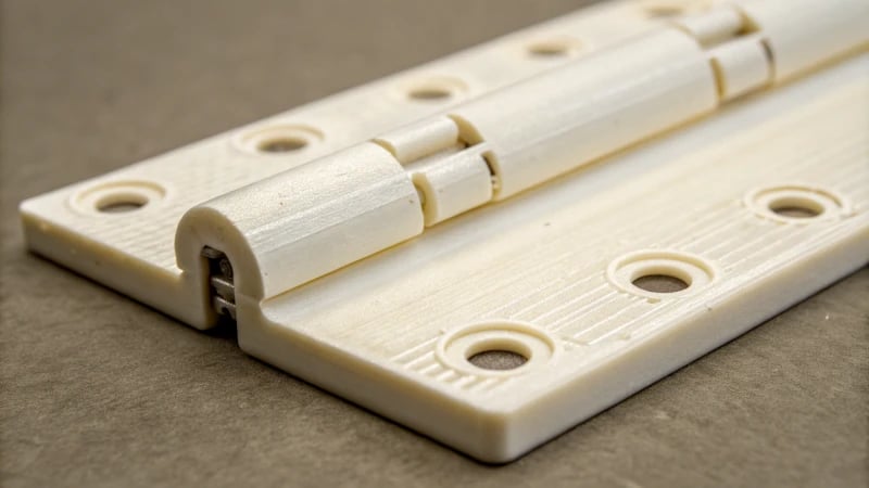 Close-up view of a living hinge made from polypropylene connecting two rigid plastic parts.