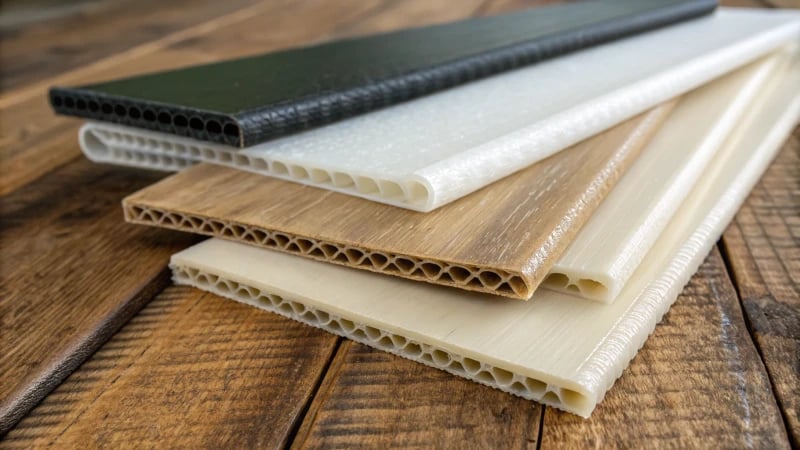 Living Hinges Materials Close-up of living hinge materials on wooden table