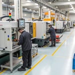 A busy manufacturing environment with workers and high-tech machinery.