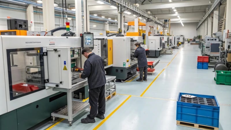 A busy manufacturing environment with workers and high-tech machinery.