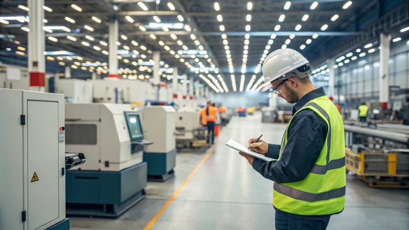 Engineer evaluating machines in a manufacturing facility