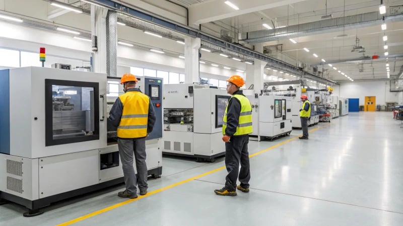 Workers in a modern manufacturing facility with injection molding machines