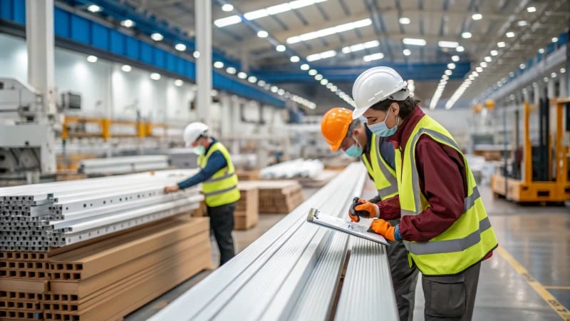 Manufacturing facility with workers inspecting extruded products