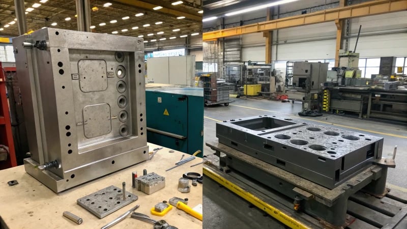 A manufacturing facility showcasing large molded parts on one side and small molded parts on a workbench on the other.