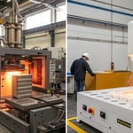 Side by side comparison of injection molding and vacuum forming processes in a factory