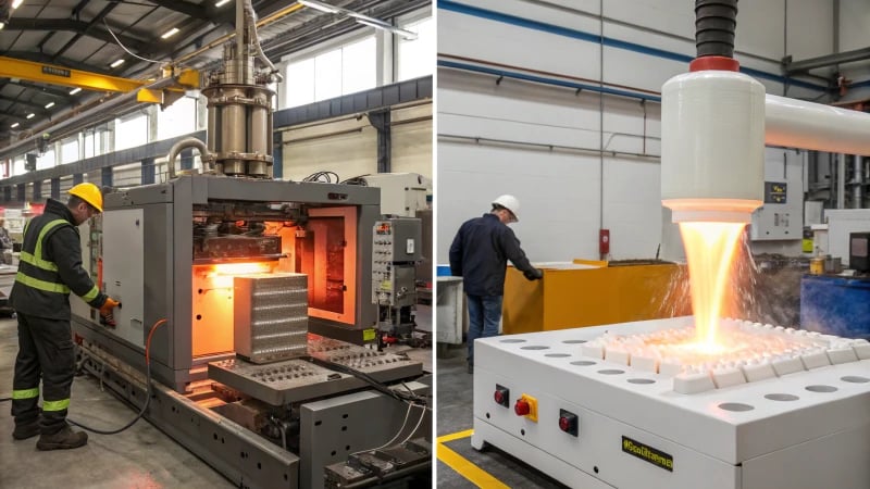 Side by side comparison of injection molding and vacuum forming processes in a factory