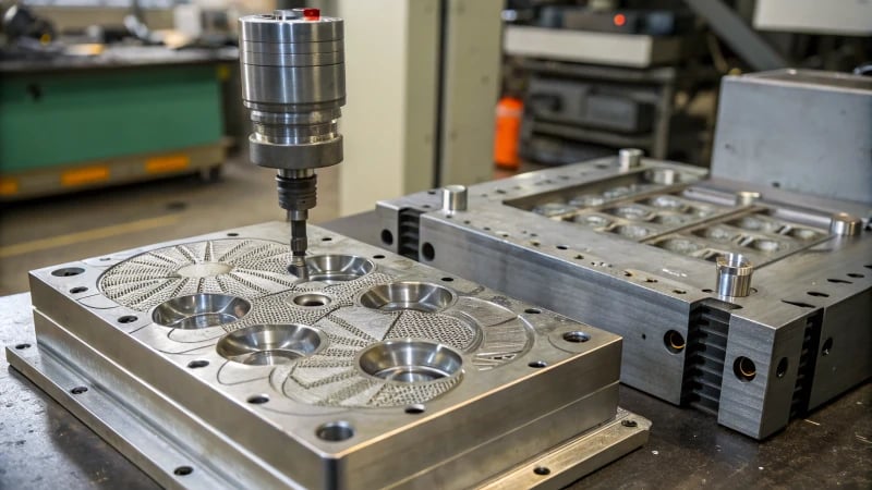 Photorealistic manufacturing setup showcasing metal mold and die