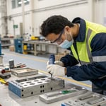 Technician inspecting injection mold in a manufacturing facility
