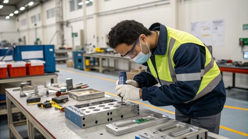 Technician inspecting injection mold in a manufacturing facility