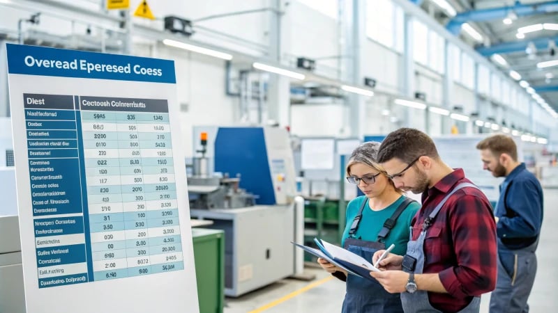 Workers calculating overhead expenses in a manufacturing environment