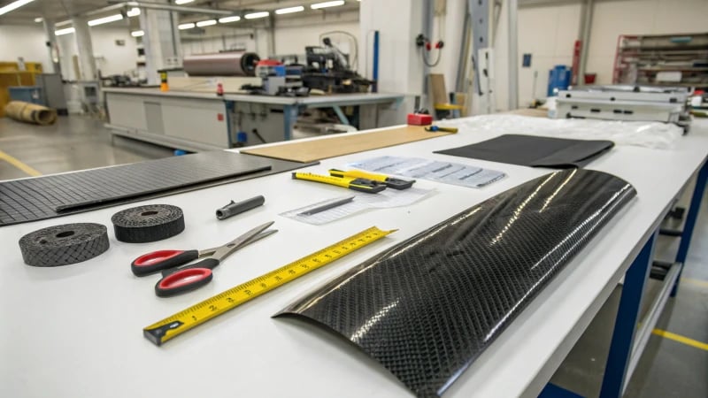 Manufacturing workshop with composite materials and tools