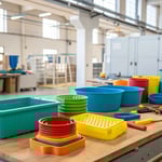 Colorful plastic mold products on a wooden workbench in a bright workspace