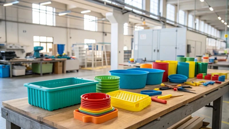 Colorful plastic mold products on a wooden workbench in a bright workspace